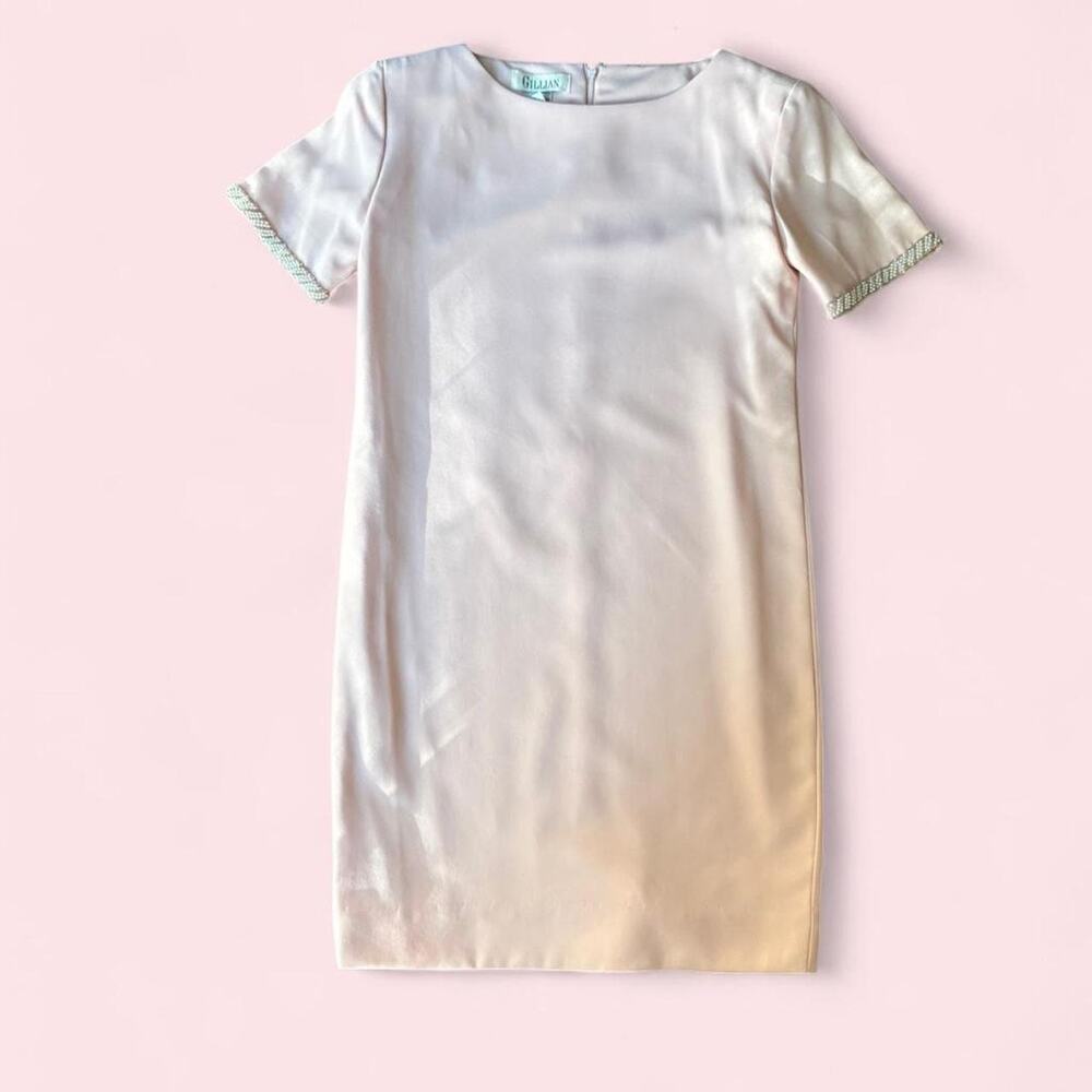 Vintage Late 80s-Early 90s Gillian Pink Dress White Pearl Trim and Shoulder Pads